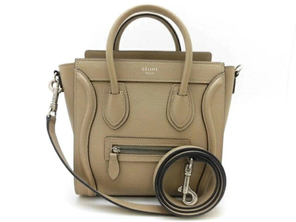 Celine Luggage Tote Handbag Crossbody Bag Drummed Calfskin Beige Cream